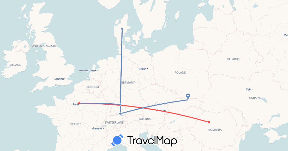 TravelMap itinerary: driving, cycling, hiking in Australia, Germany, Denmark, France, Slovakia, Suriname (Europe, Oceania, South America)